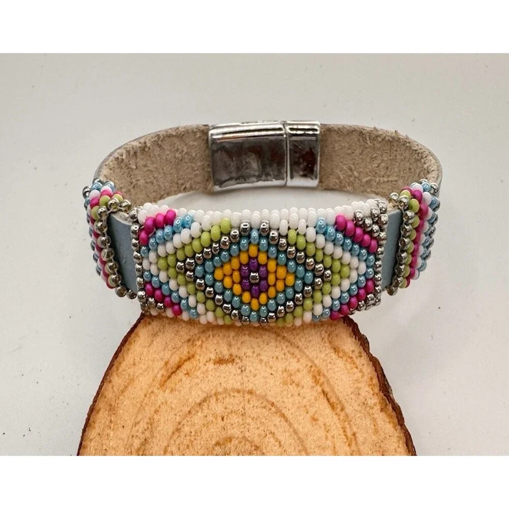 Leather Hand Beaded Bracelet Spring Colors